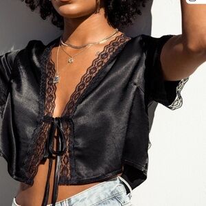 Princess Polly Satin Black Lace Blouse